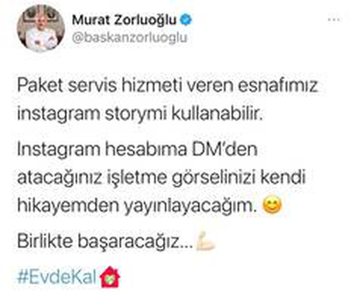 Başkan Zorluoğlu, paket servis yapan işletmeleri sosyal medya hesabından paylaşarak esnafa destek verdi