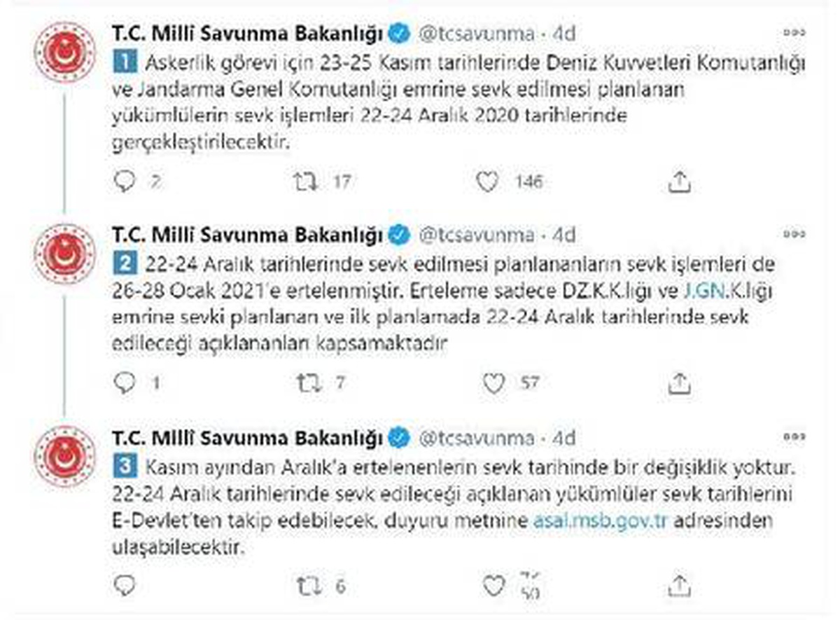 MSB: Jandarma ve Deniz Kuvvetleri\'nde sevk tarihleri ertelendi
