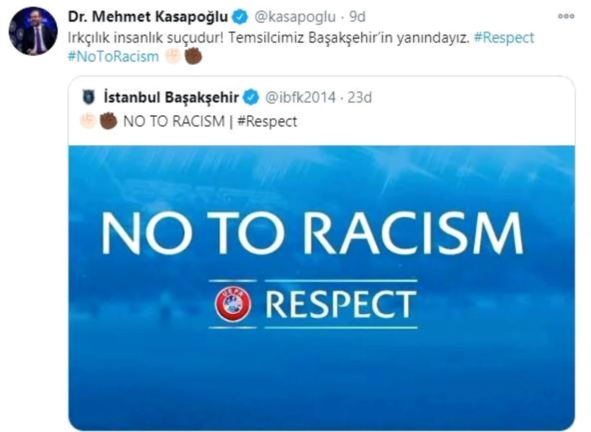 Bakan Kasapoğlu: "Irkçılık insanlık suçudur! Temsilcimiz Başakşehir\'in yanındayız"