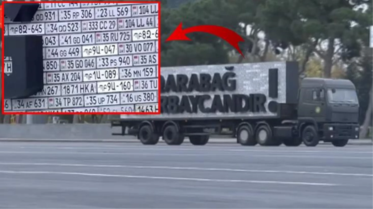 Azerbaycan\'ın zafer kutlamalarında dikkat çeken afiş! Ermeni tank ve araçlarının plakaları yer aldı