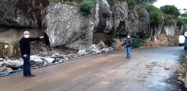 Bodrum'da tonlarca ağırlıktaki dev kaya parçası yola düştü