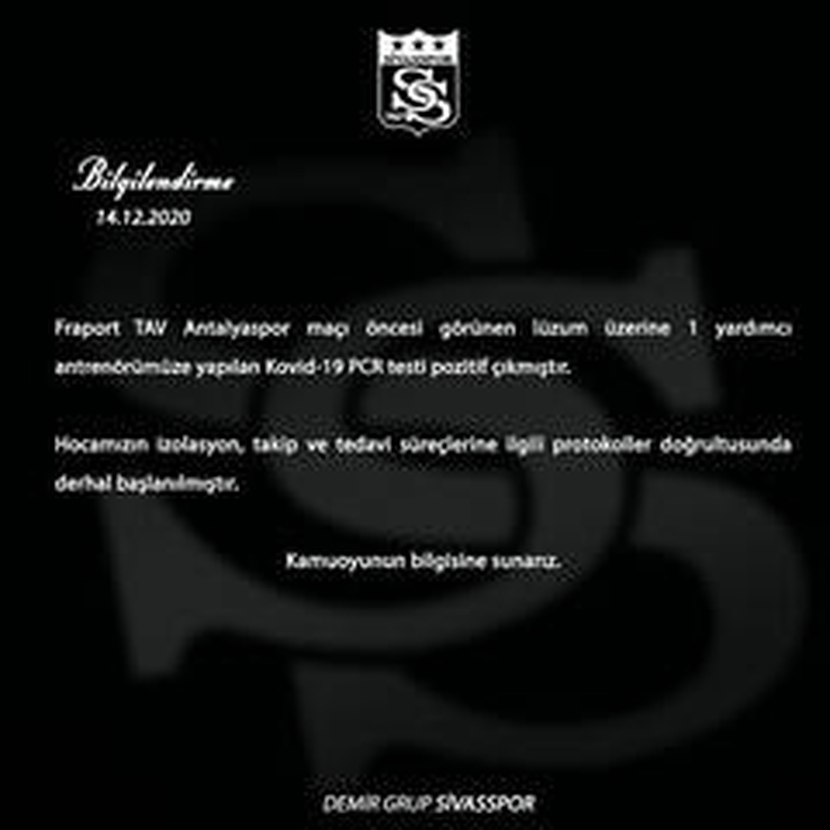Sivasspor\'da 1 kişiye daha korona virüs bulaştı!