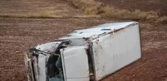 Tarlaya devrilen kamyonun şoförü yaralandı