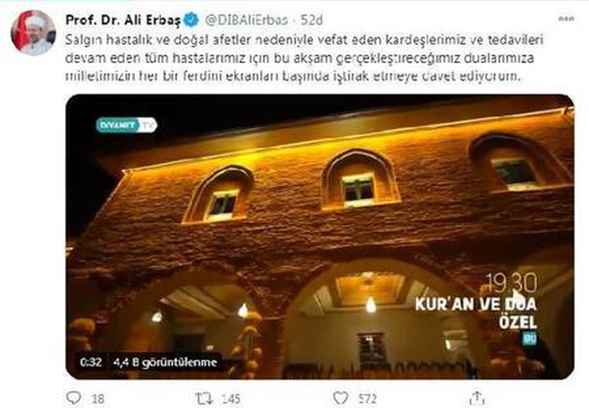 Diyanet İşleri Başkanı Erbaş\'tan, vatandaşlara \'duaya iştirak\' daveti
