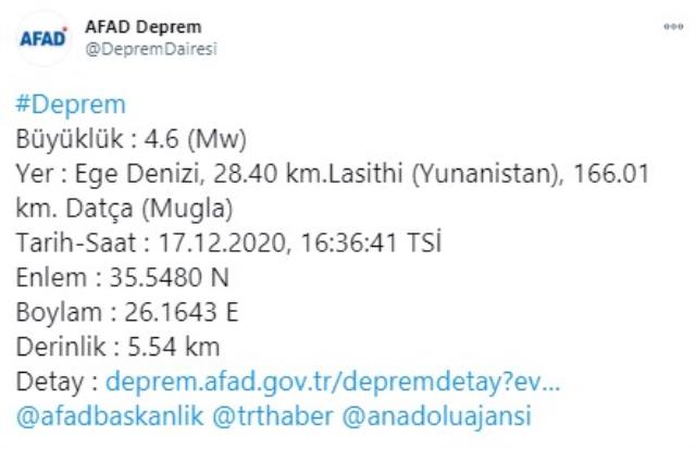 Son Dakika: Ege Denizi'nde 4,6 büyüklüğünde deprem
