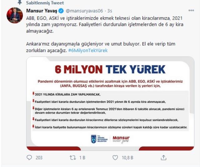 Ankara Büyükşehir Belediyesi 2021'de kiralara zam yapmayacak