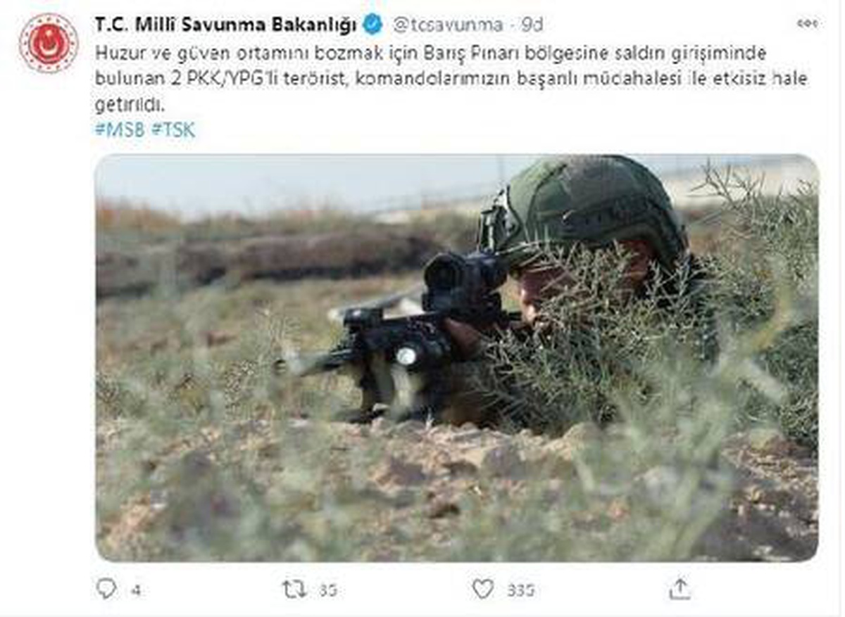 Son dakika haberleri | MSB: Barış Pınarı bölgesine saldırı girişiminde bulunan 2 PKK/YPG\'li terörist etkisiz hale getirildi