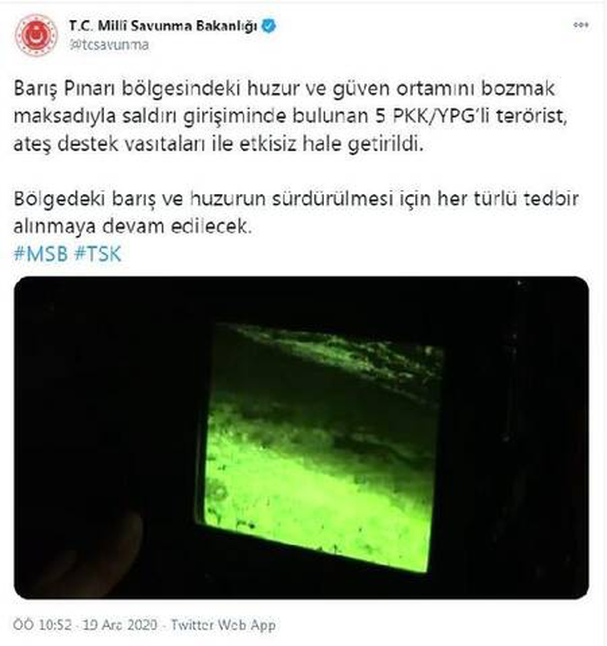 MSB: "Barış Pınarı bölgesinde 5 PKK/YPG\'li terörist etkisiz hale getirildi"