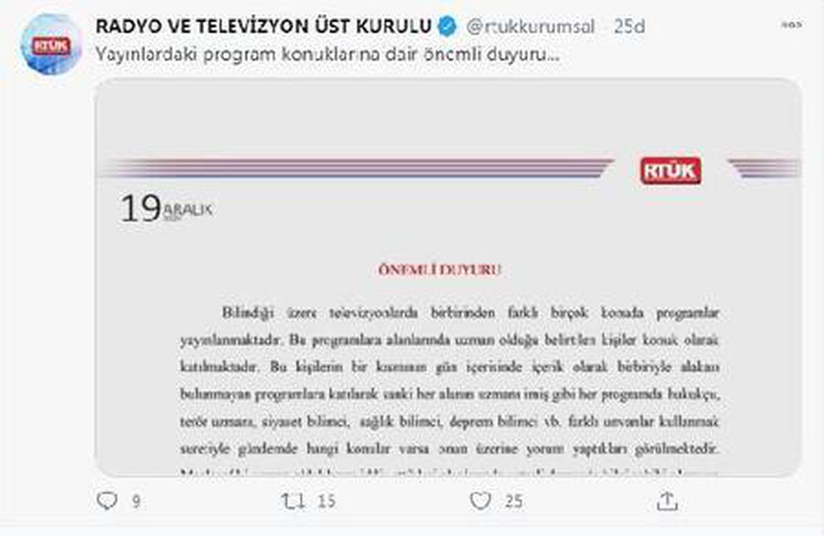 RTÜK\'ten, televizyon kanallarına \'konuk\' uyarısı