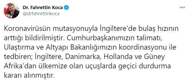 Türkiye; İngiltere, Danimarka, Hollanda ve Güney Afrika'dan yapılan uçuşları geçici olarak durdurma kararı aldı