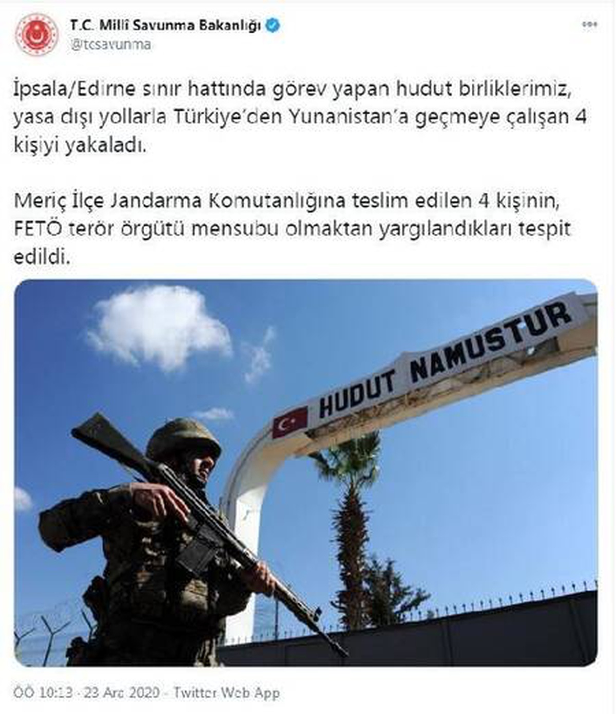 MSB: 4 FETÖ mensubu, Türkiye\'den Yunanistan\'a geçmeye çalışırken yakalandı