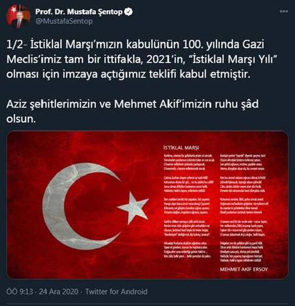 TBMM Başkanı Şentop, 2021\'in "İstiklal Marşı yılı" olması dolayısıyla mesaj yayımladı Açıklaması