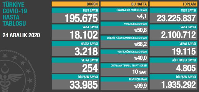 Son Dakika: Türkiye'de 24 Aralık günü koronavirüs nedeniyle 254 kişi vefat etti, 18 bin 102 yeni vaka tespit edildi