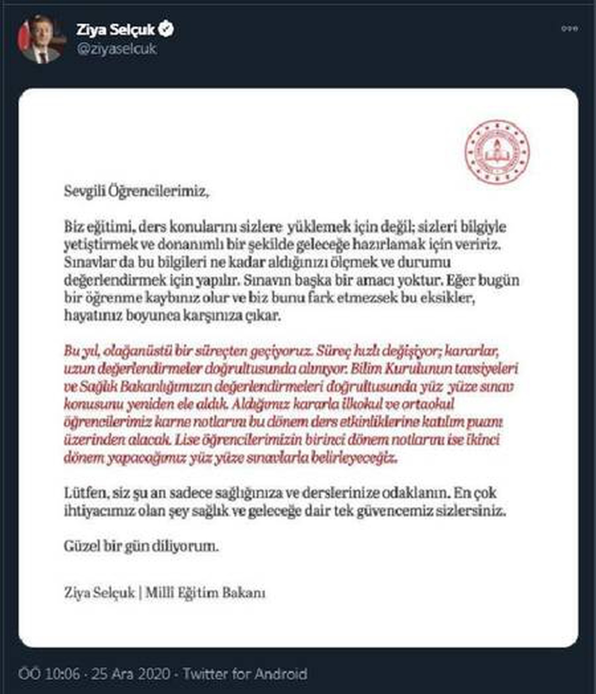 Bakan Selçuk, yüz yüze sınavların bu dönem yapılmayacağını açıkladı Açıklaması