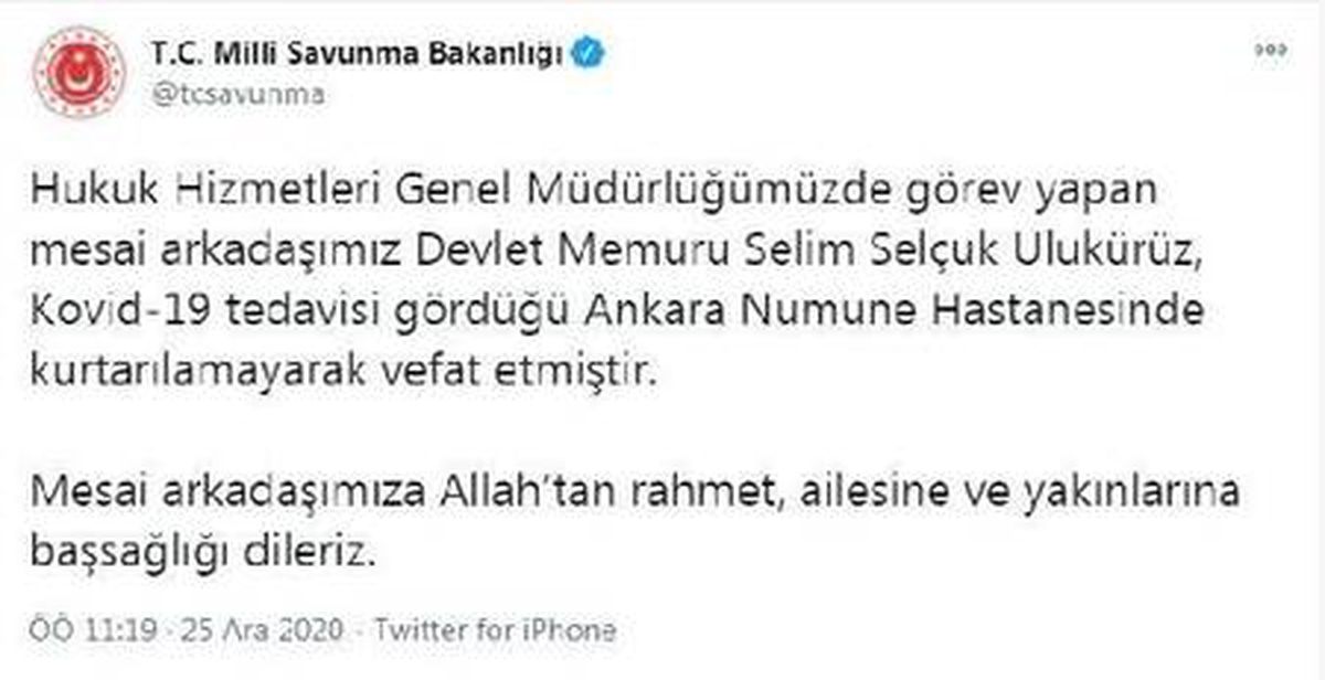 MSB: Koronavirüs tedavisi gören mesai arkadaşımız hayatını kaybetti