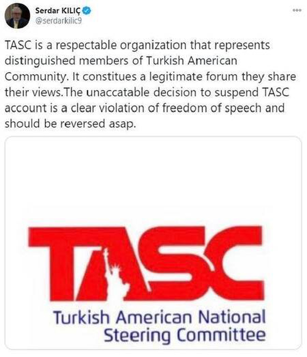 Washington Büyükelçisi Kılıç, TASC\'ın hesabını askıya alan Twitter\'a tepki gösterdi