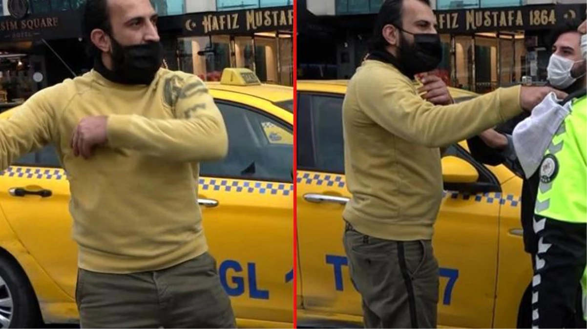 Taksim\'de maske takmayan turist, kendisini uyaran polise saldırdı! O anlar kamerada