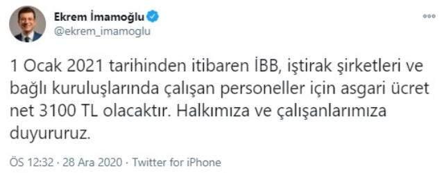 Son Dakika: İmamoğlu, İBB personeli için asgari ücreti 3.100 TL yaptı Son Dakika: İmamoğlu, İBB personeli için asgari ücreti 3.100 TL yaptı