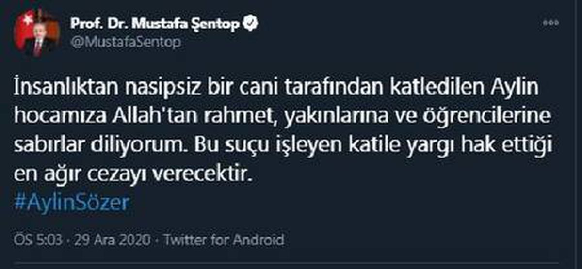 Şentop\'tan \'Aylin Sözer\' paylaşımı: Katile yargı hak ettiği en ağır cezayı verecek