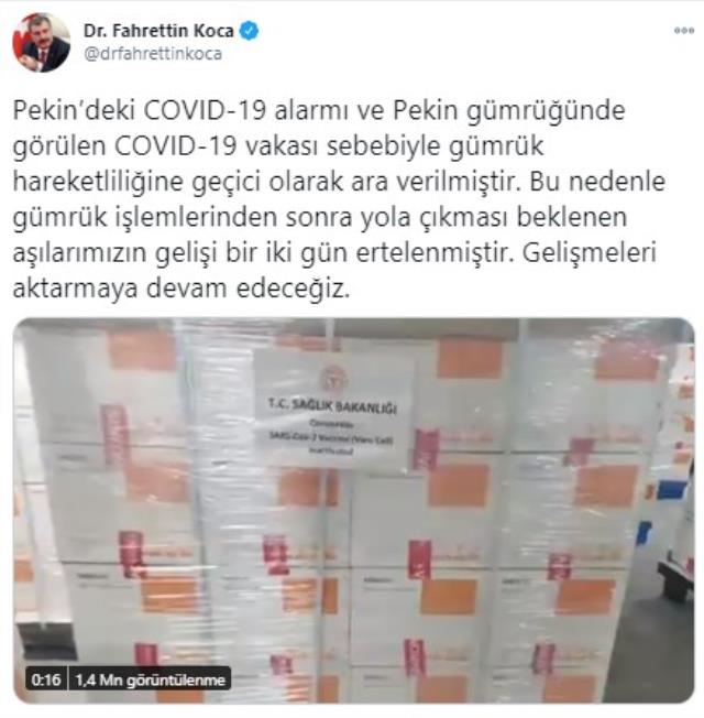 Son Dakika: Çin aşılarının ilk bölümünü getiren uçak Pekin'den yola çıktı