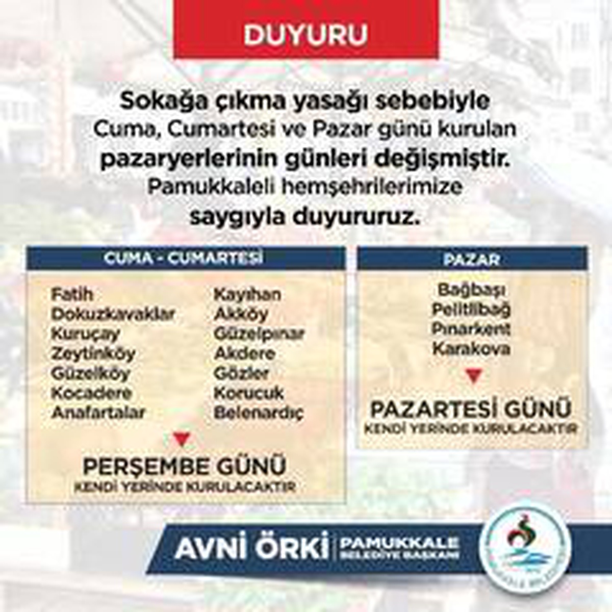 Pamukkale\'de pazarların günü değişti