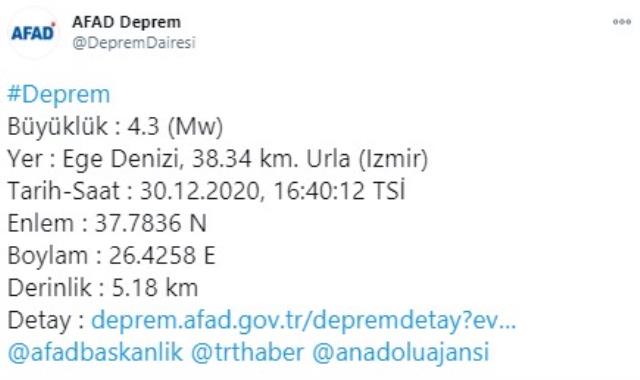 Son Dakika: İzmir'de 4.3 büyüklüğünde deprem meydana geldi