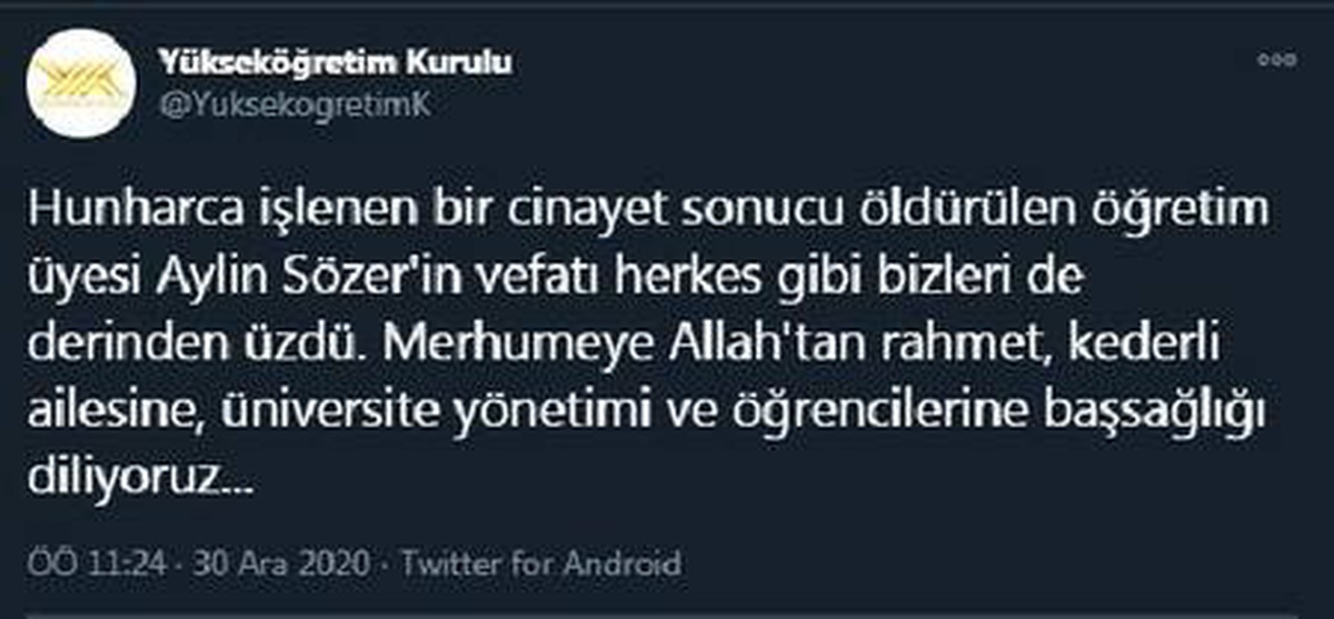 YÖK\'ten \'Aylin Sözer\' için başsağlığı mesajı