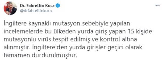 Son Dakika! Sağlık Bakanı Fahrettin Koca: İngiltere'den gelen 15 kişide mutasyonlu virüs tespit edildi