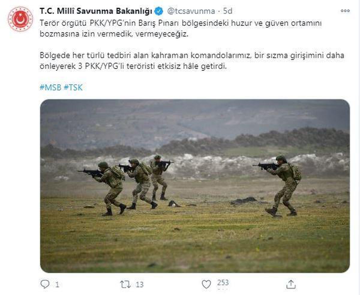 Barış Pınarı bölgesinde 3 PKK/YPG\'li terörist etkisiz hale getirildi