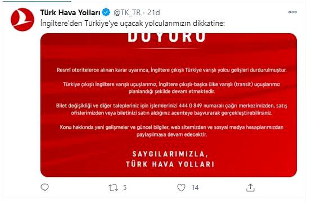 THY\'den İngiltere uçuşlarına ilişkin açıklama