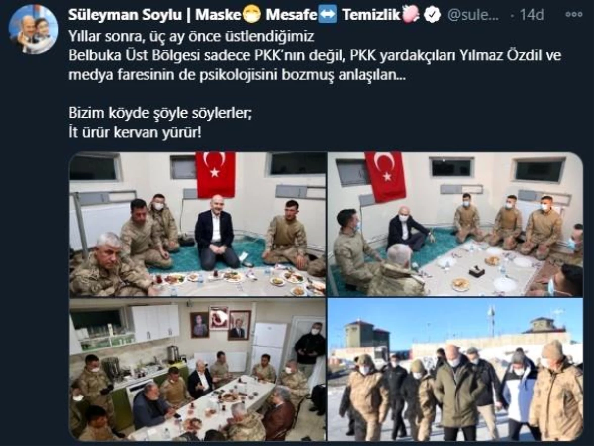 Bakan Soylu: "Yıllar sonra, 3 ay önce üstlendiğimiz Belbuka Üst Bölgesi sadece PKK\'nın değil, PKK yardakçıları Yılmaz Özdil ve medya faresinin de...