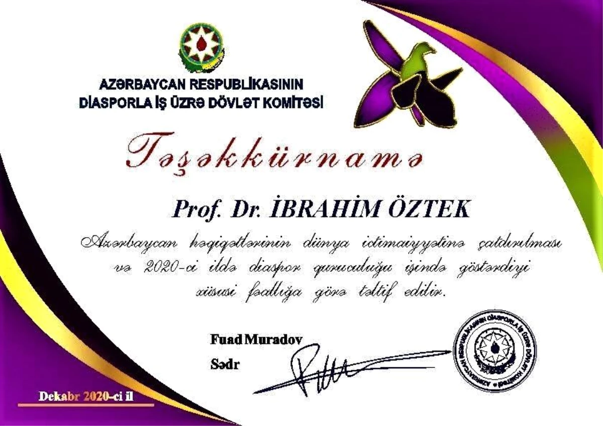 Prof. Dr. İbrahim Öztek\'e Azerbaycan\'dan "Teşekkürname"