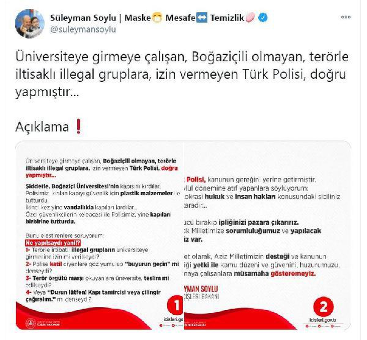 Bakan Soylu: Türk Polisi, Boğaziçi Üniversitesi\'nde doğru yapmıştır