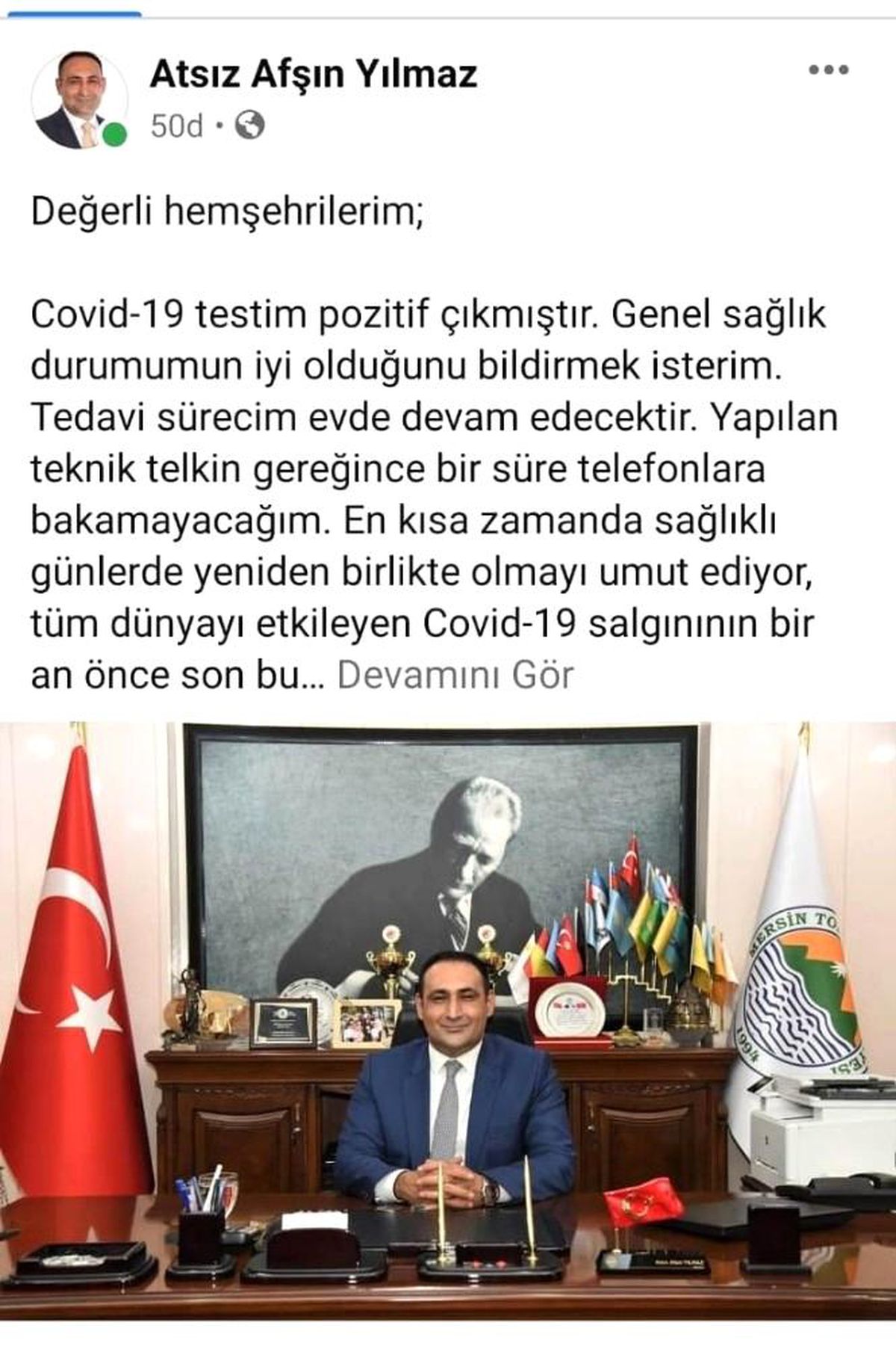 Mersin\'in Toroslar Belediye Başkanı Atsız Afşın Yılmaz Kovid-19\'a yakalandı