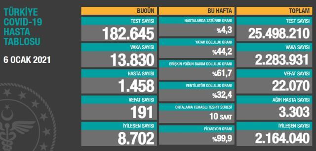 Son Dakika: Türkiye'de 6 Ocak günü koronavirüs nedeniyle 191 kişi vefat etti, 13 bin 830 yeni vaka tespit edildi