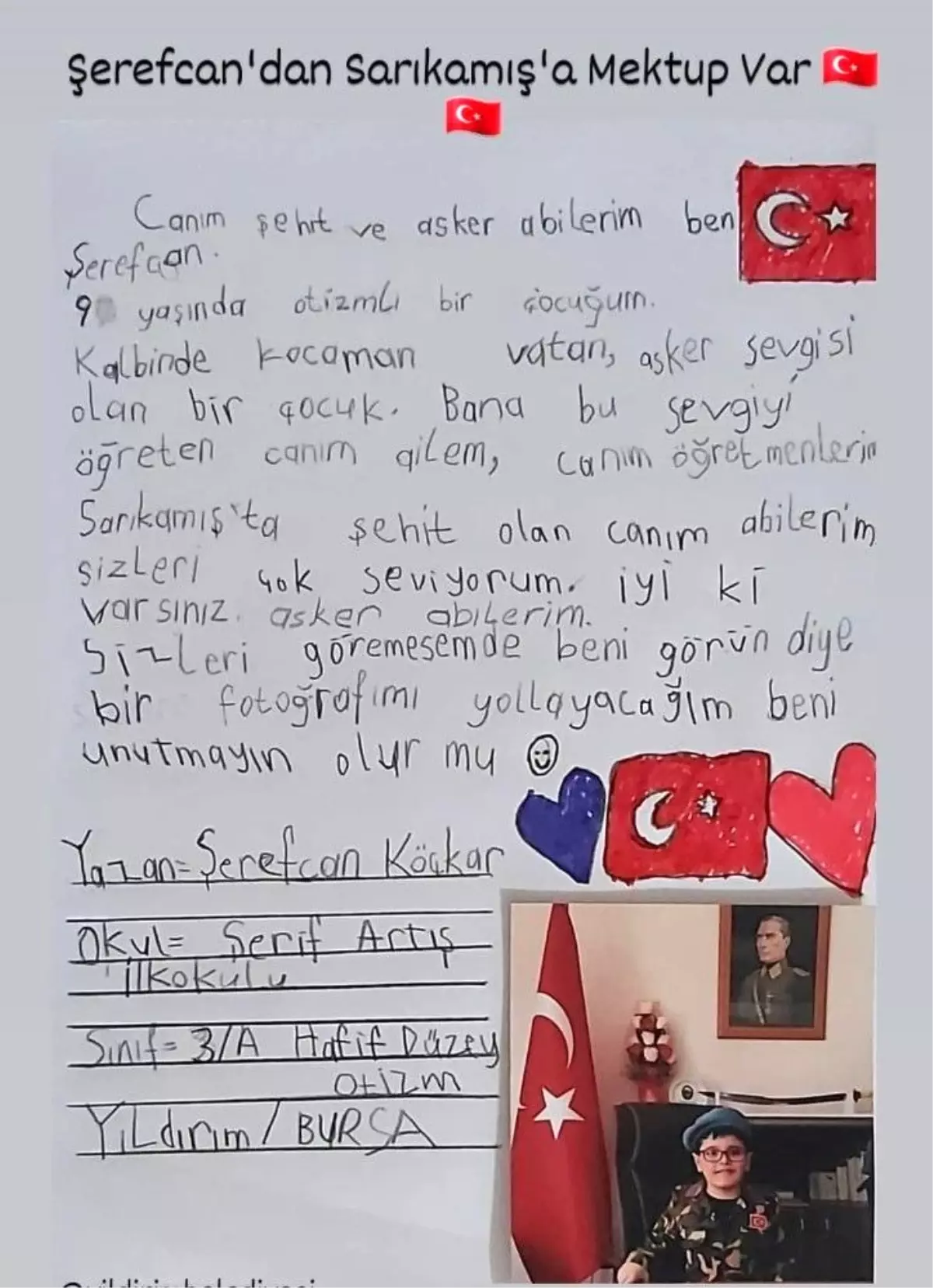 Otizmli Şerefcan\'dan Sarıkamışa\'a mektup var