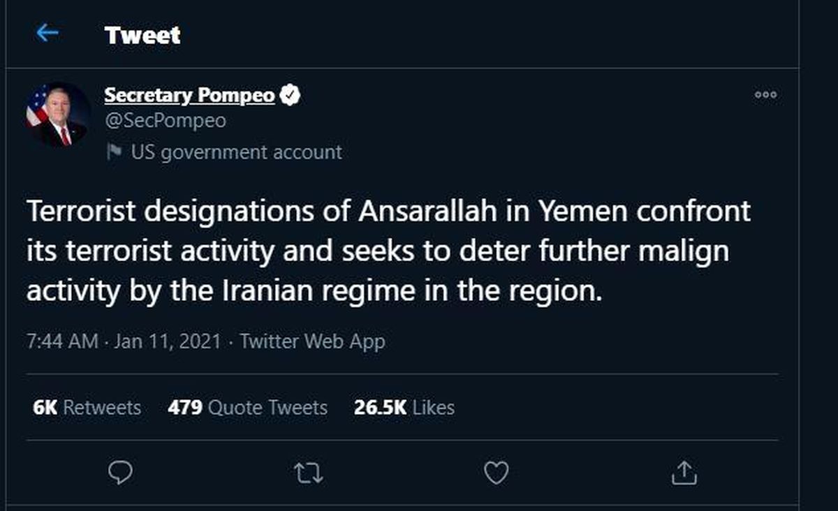 ABD Dışişleri Bakanı Pompeo: "ABD, Husiler\'i terör örgütü olarak tanımayı planlıyor"
