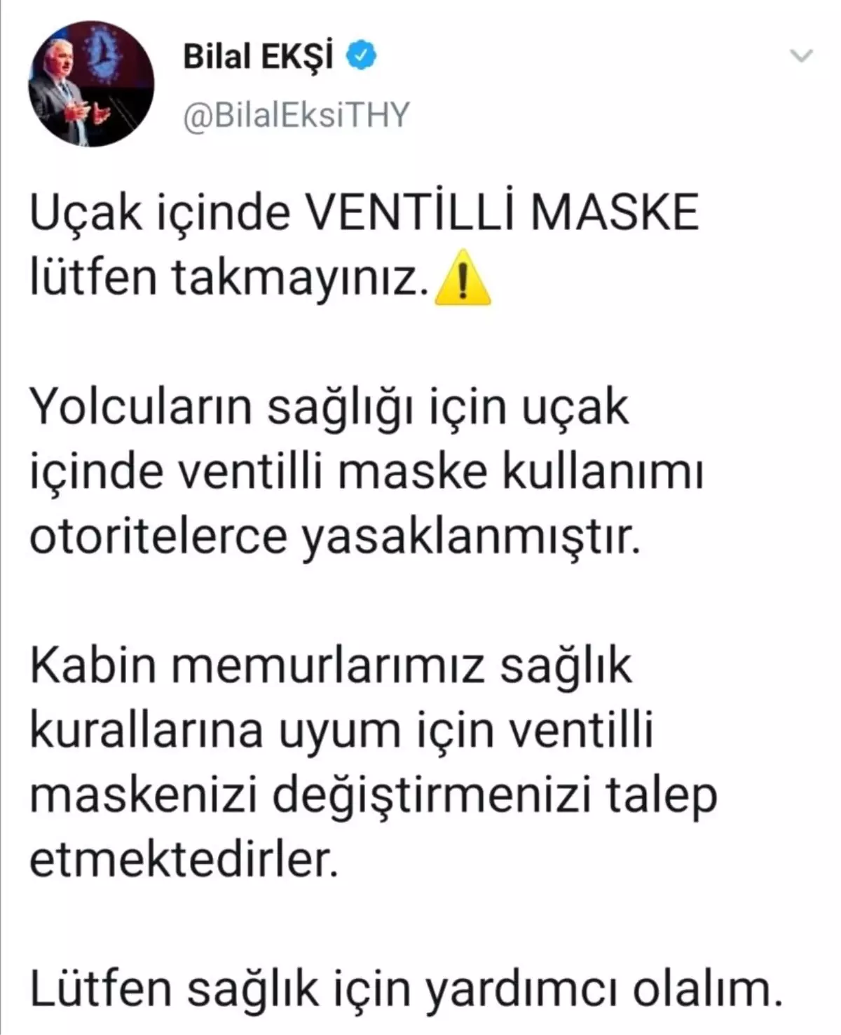 THY Genel Müdürü Ekşi\'den yolculara "ventilli maske" uyarısı