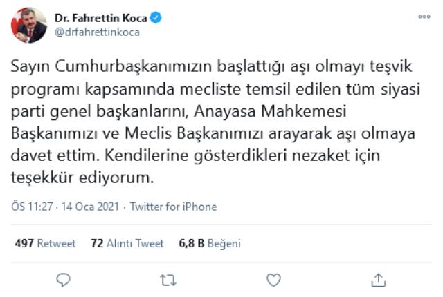 Sağlık Bakanı Koca, siyasi parti genel başkanlarını ve bürokratları aşı olmaya davet etti