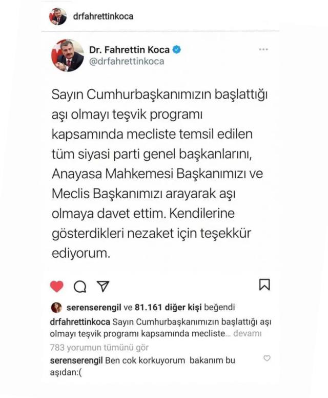 Bakan Koca'nın aşı için teşvik paylaşımına Seren Serengil'den yanıt: Ben bu aşıdan çok korkuyorum