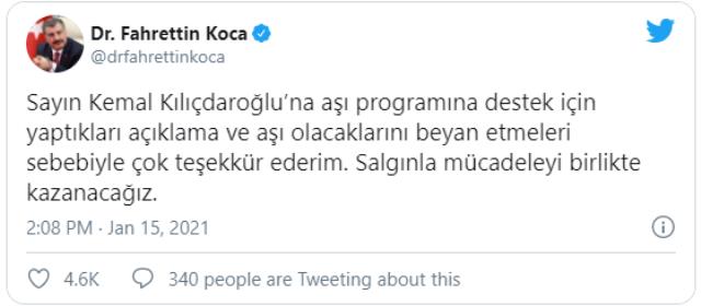 Sağlık Bakanı Koca, 'Aşı için sıramı bekleyeceğim' diyen CHP lideri Kılıçdaroğlu'na teşekkür etti