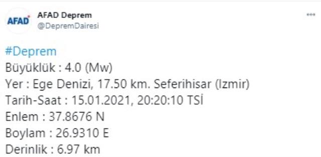 Son Dakika: İzmir Seferihisar'da 4 büyüklüğünde deprem meydana geldi