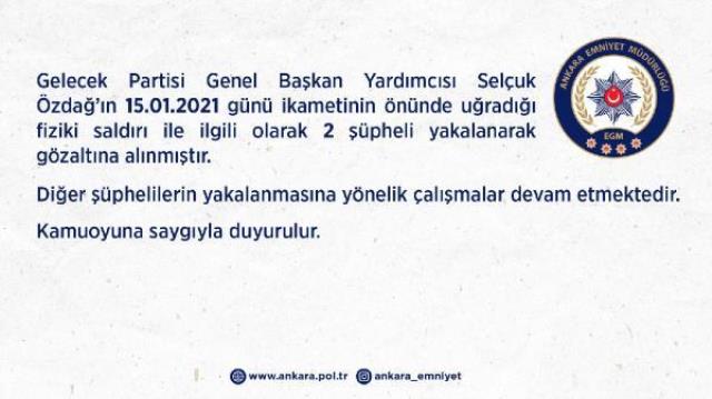 Son Dakika: Gelecek Partisi Genel Başkan Yardımcısı Selçuk Özdağ'a saldırıda bulunan 2 şüpheli gözaltına alındı