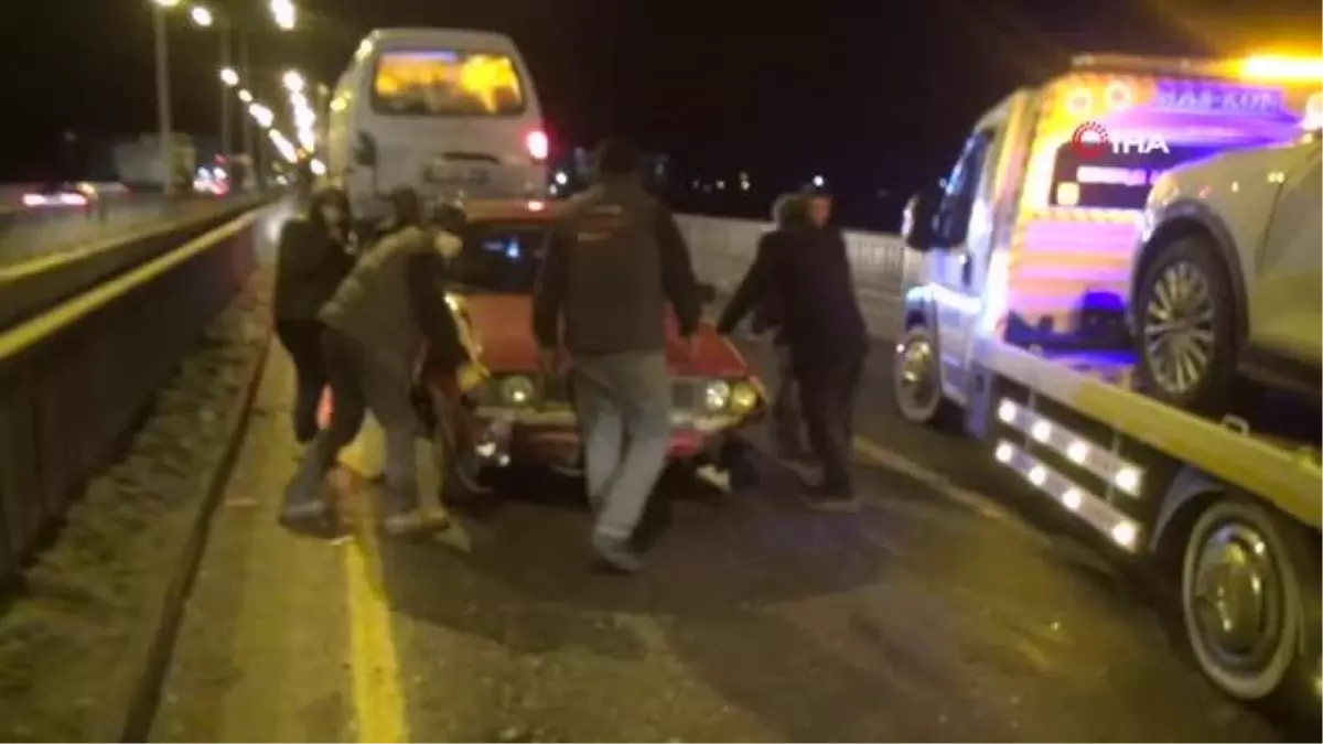 Buzlanan köprüde 7 araç bir birine girdi