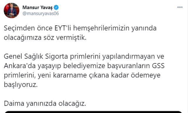 Mansur Yavaş'tan EYT'lilere müjde: GSS primlerini ödemeye başlıyoruz