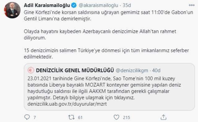 Son Dakika: Gine Körfezi'nde korsan saldırısına uğrayan Türk gemisi Gabon'un Gentil Limanı'na demirledi