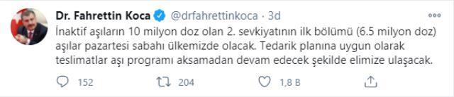 Son Dakika! Sağlık Bakanı Koca: Çin'den alınan 6,5 milyon doz koronavirüs aşısı pazartesi sabahı Türkiye'de olacak