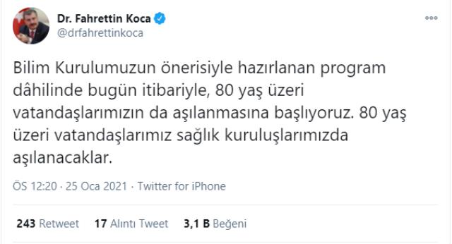 Bakan Koca yeni aşamaya geçildiğini duyurdu! 80 yaş üzeri vatandaşların aşılanmasına başlanıyor