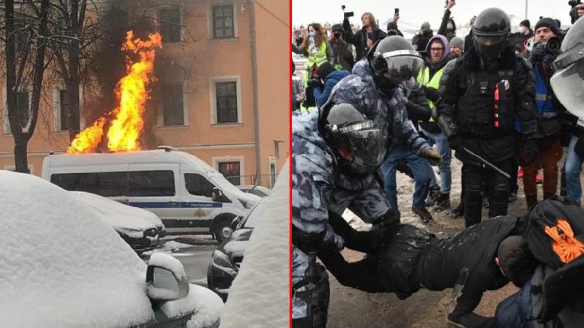 Rusya\'da Navalny protestolarında gerilim tırmanıyor! Polis arabasını ateşe verdiler