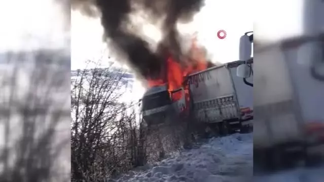 Yoldan çıkan tır alev alev yandı